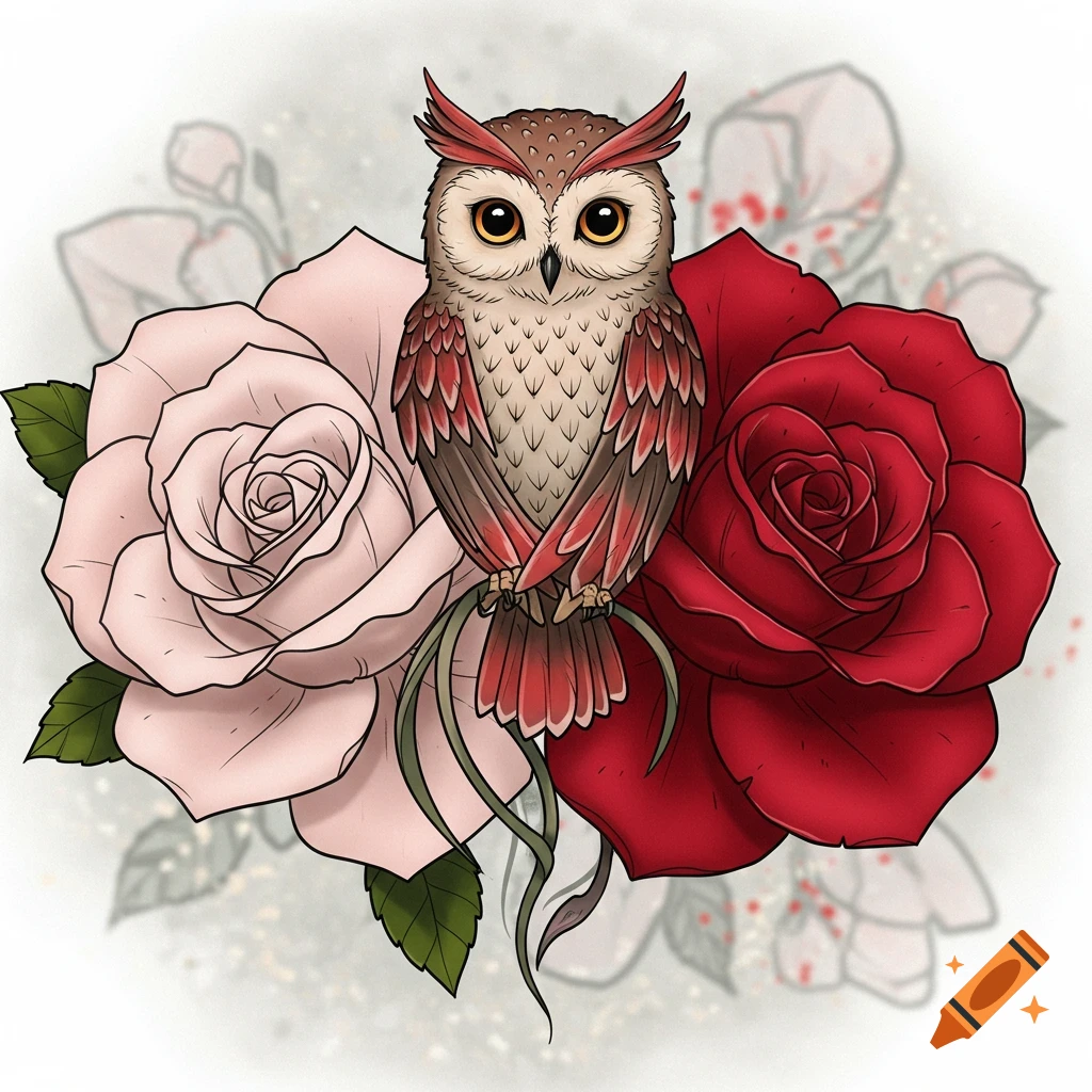 A stylized illustration of a brown and red owl perched between a light pink rose and a deep red rose, in a tattoo style.