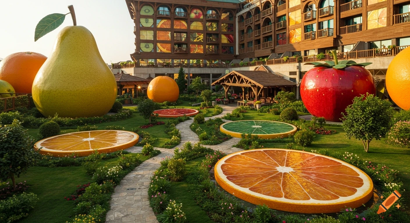 Photorealistic image of a luxurious fruit-themed hotel with a garden featuring giant fruit sculptures and fruit slice patterns.