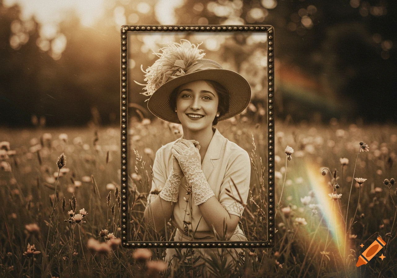 A vintage sepia-toned portrait of a smiling woman in a feathered hat and lace gloves, framed in a field of wildflowers with a rainbow lens flare.