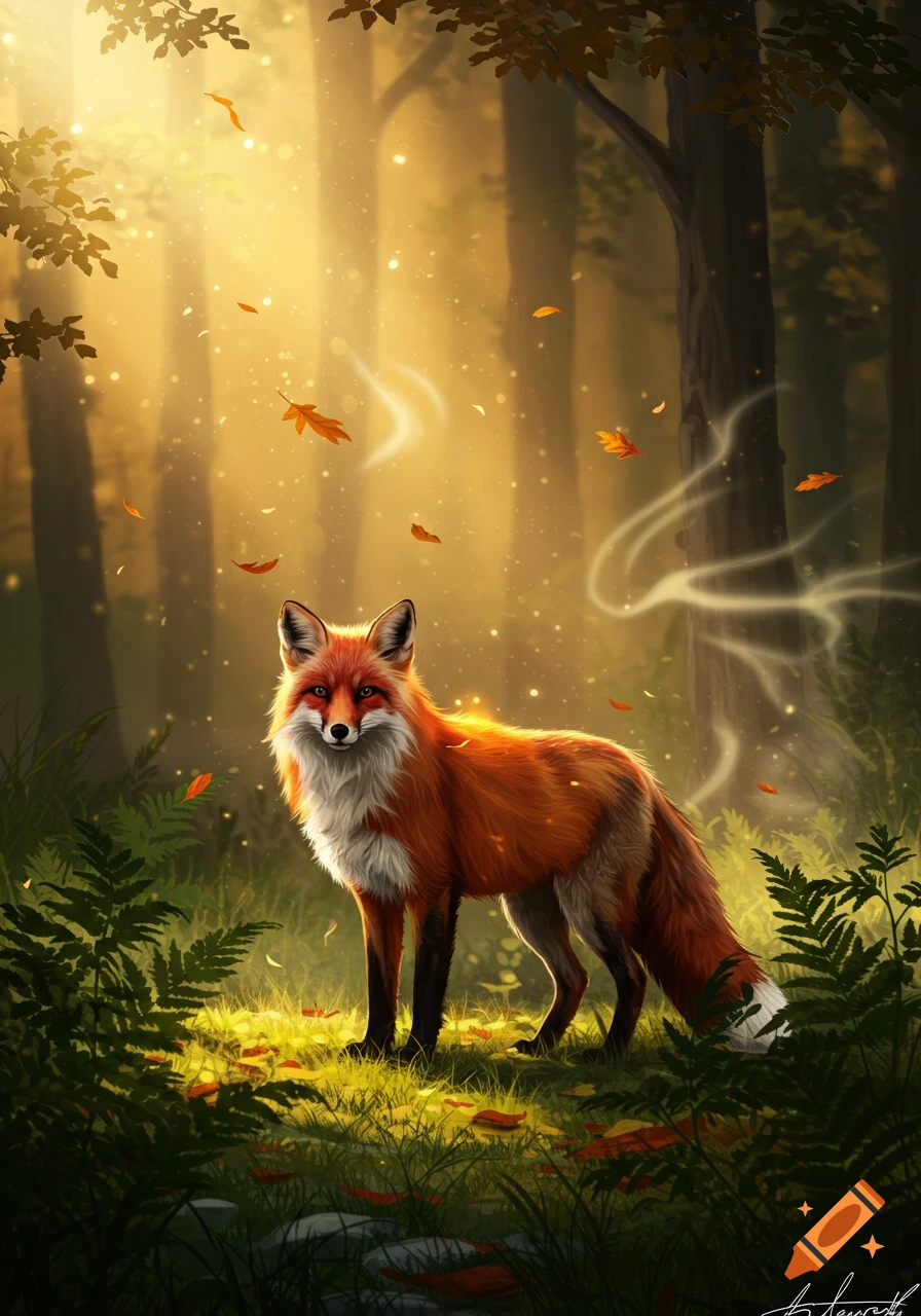 A red fox stands in a sunlit forest with glowing light and falling autumn leaves, rendered in an illustrative style.