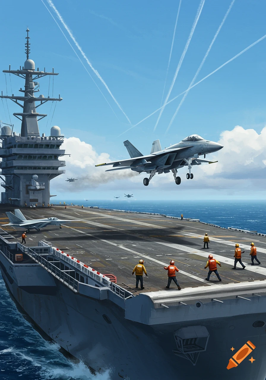 A detailed illustration of a fighter jet landing on an aircraft carrier at sea, with crew members on deck under a blue sky.