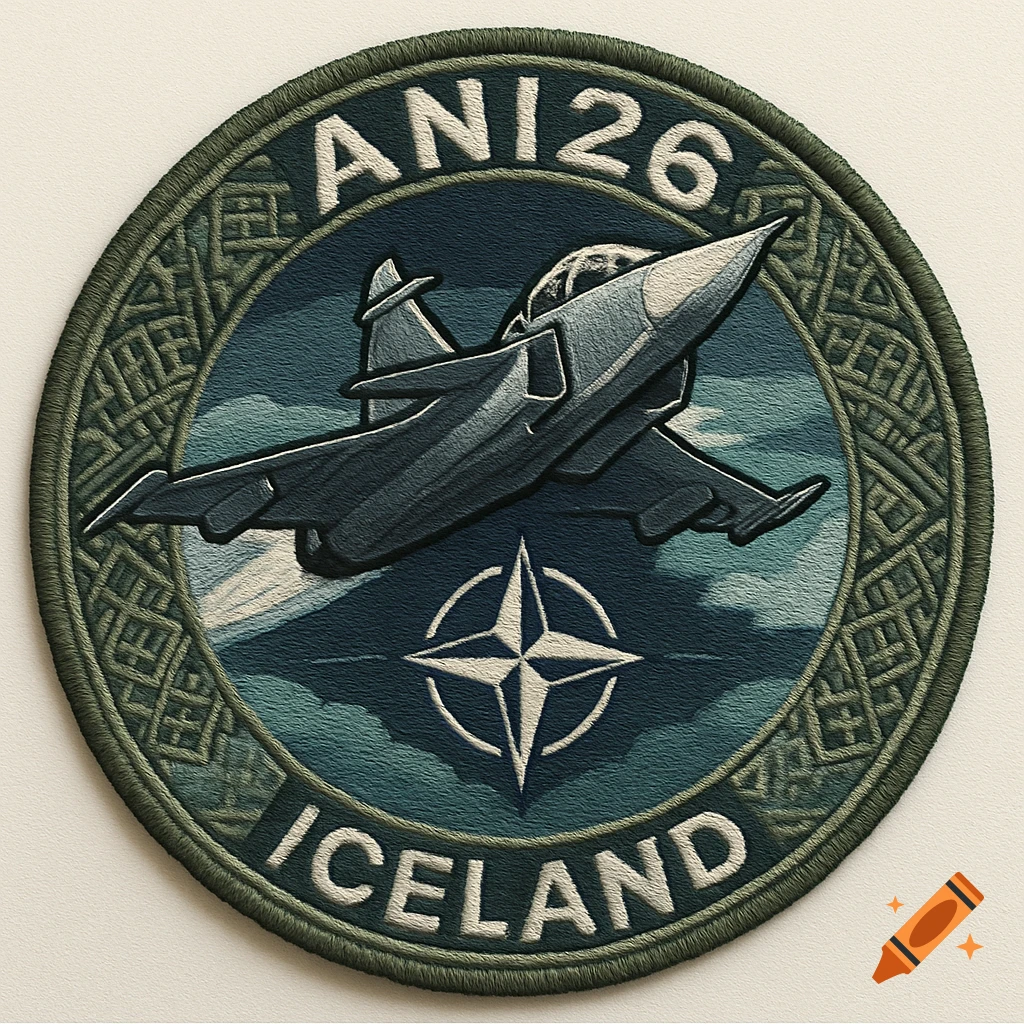 A round embroidered military patch featuring a fighter jet, a NATO star, and the words ANI26 and ICELAND.