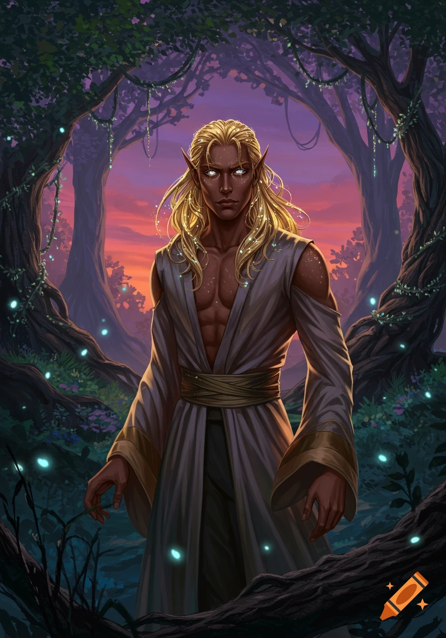 A dark-skinned male elf with long blonde hair and glowing eyes stands in a magical forest at sunset, wearing a flowing robe.