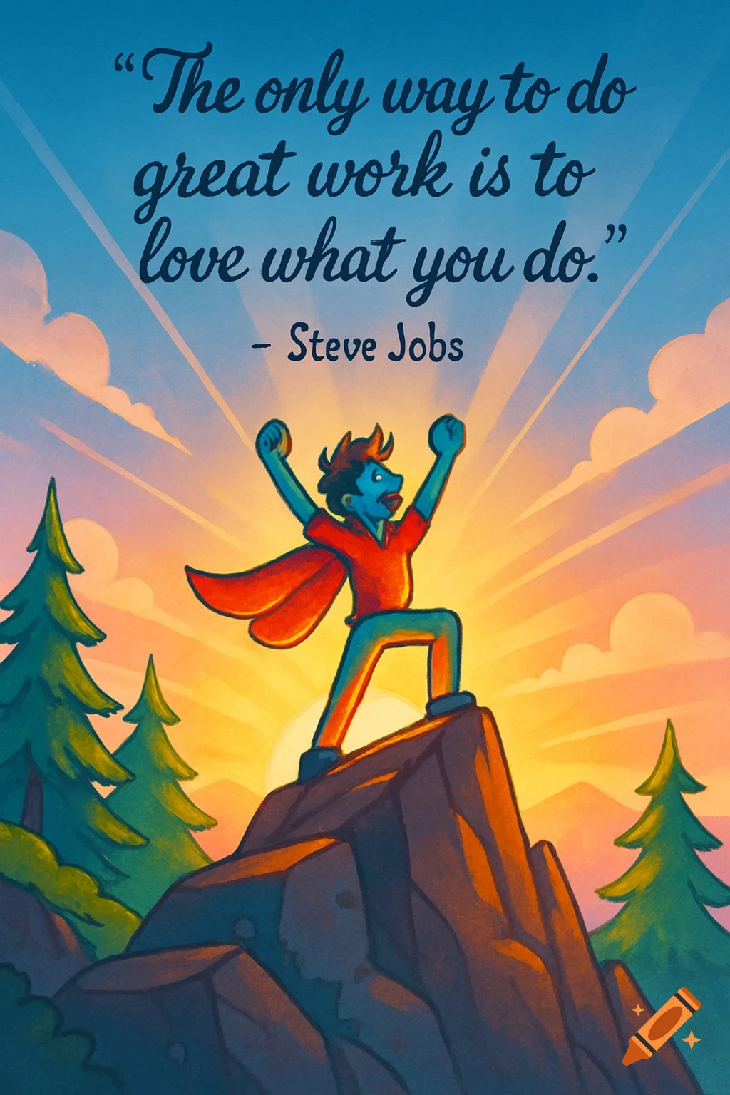 A joyful cartoon character with a red cape stands on a mountain peak at sunrise, with an inspirational quote.