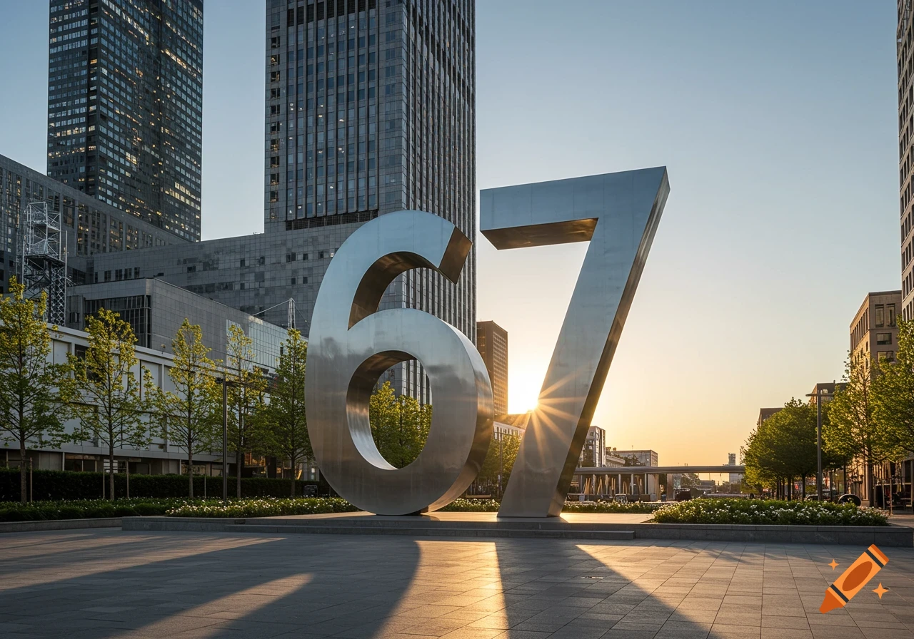 A giant metallic sculpture of the numbers 67 in an urban plaza with modern skyscrapers, bathed in golden sunset light. Photorealistic.