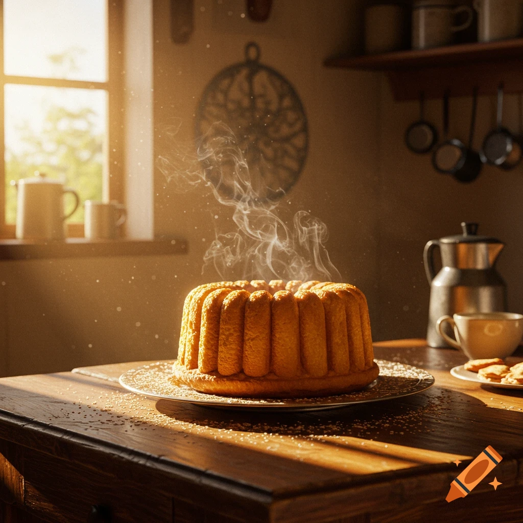 A steaming bundt cake sits on a rustic wooden table in a sunlit kitchen, with dust motes dancing in the light.