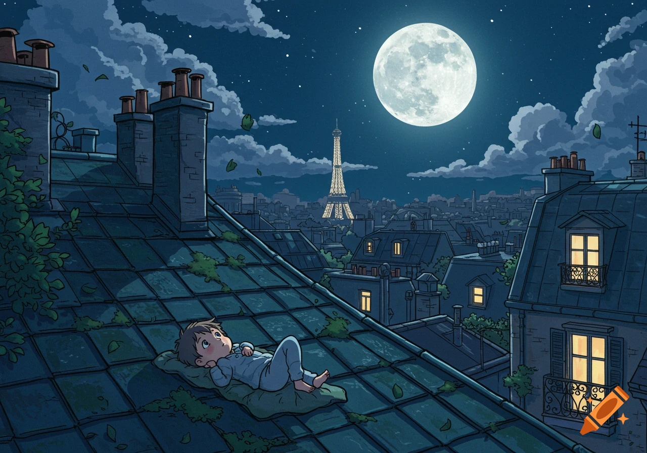 A young cartoon child lies on a Paris rooftop at night, looking up at the full moon with the Eiffel Tower in the background, 90s anime style.