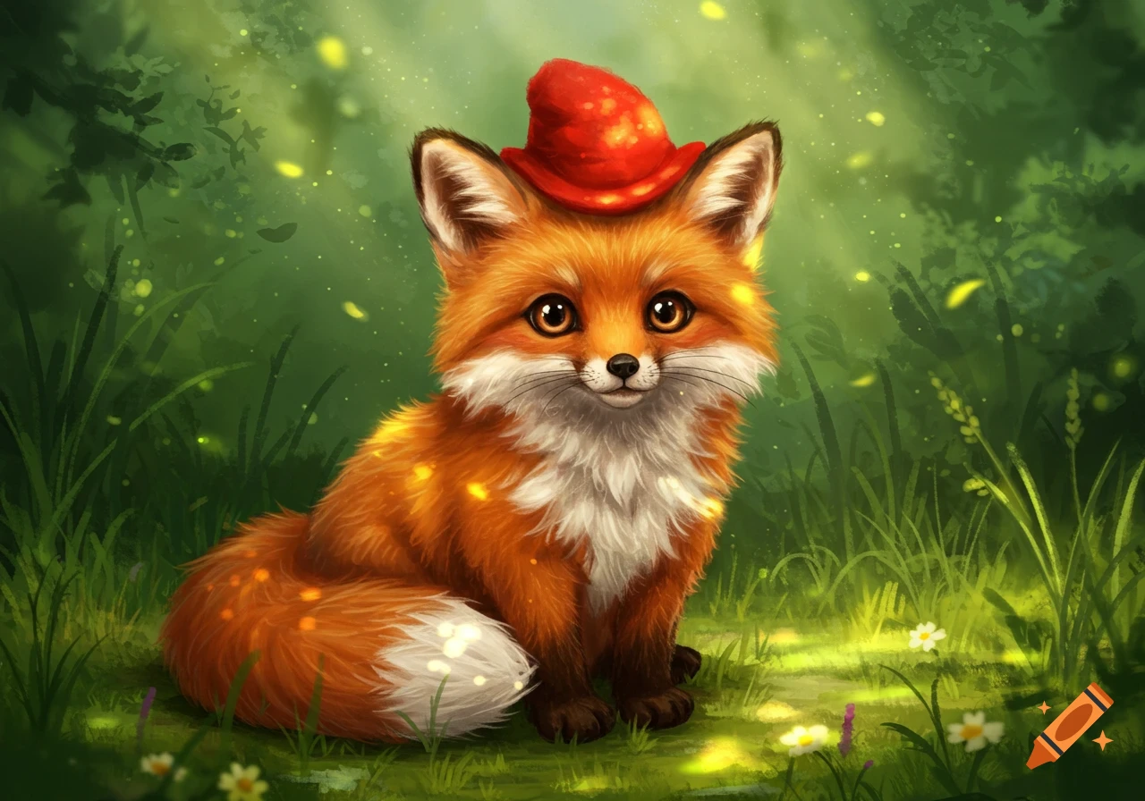 A cute, fluffy red fox with large brown eyes and a small red mushroom-shaped hat sits in a whimsical green forest.