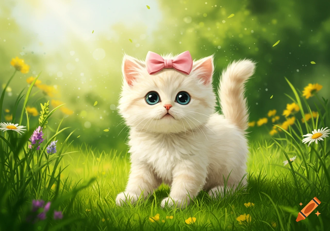 A fluffy white kitten with big blue eyes and a pink bow sits in a vibrant green field with wildflowers and glowing sunlight in a cute, illustrative style.