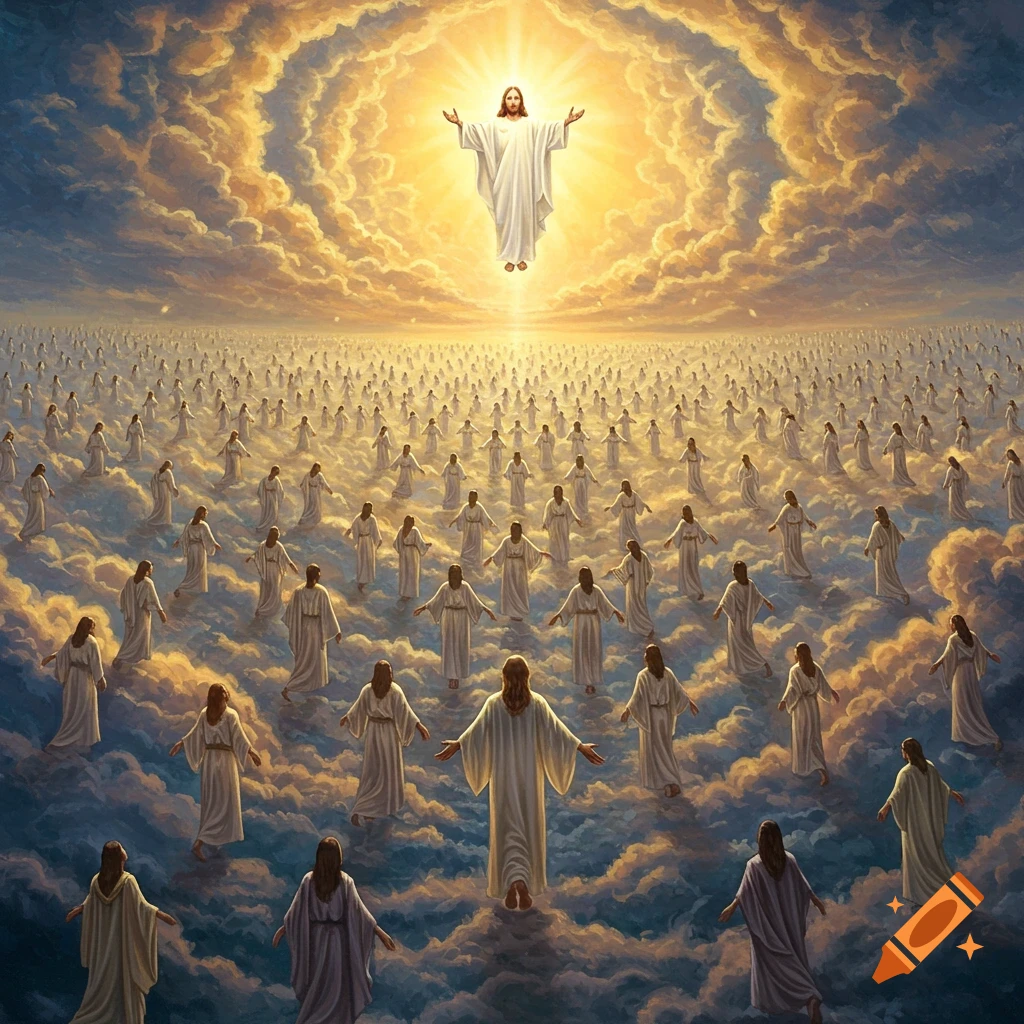 A cinematic painting depicts Jesus Christ in white robes glowing above vast clouds, with countless figures in white ascending towards him.