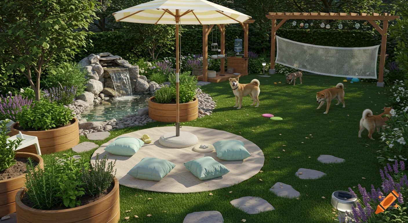 Photorealistic backyard garden with a waterfall, parasol, cushions on a rug, playful Shiba Inus, and planters.