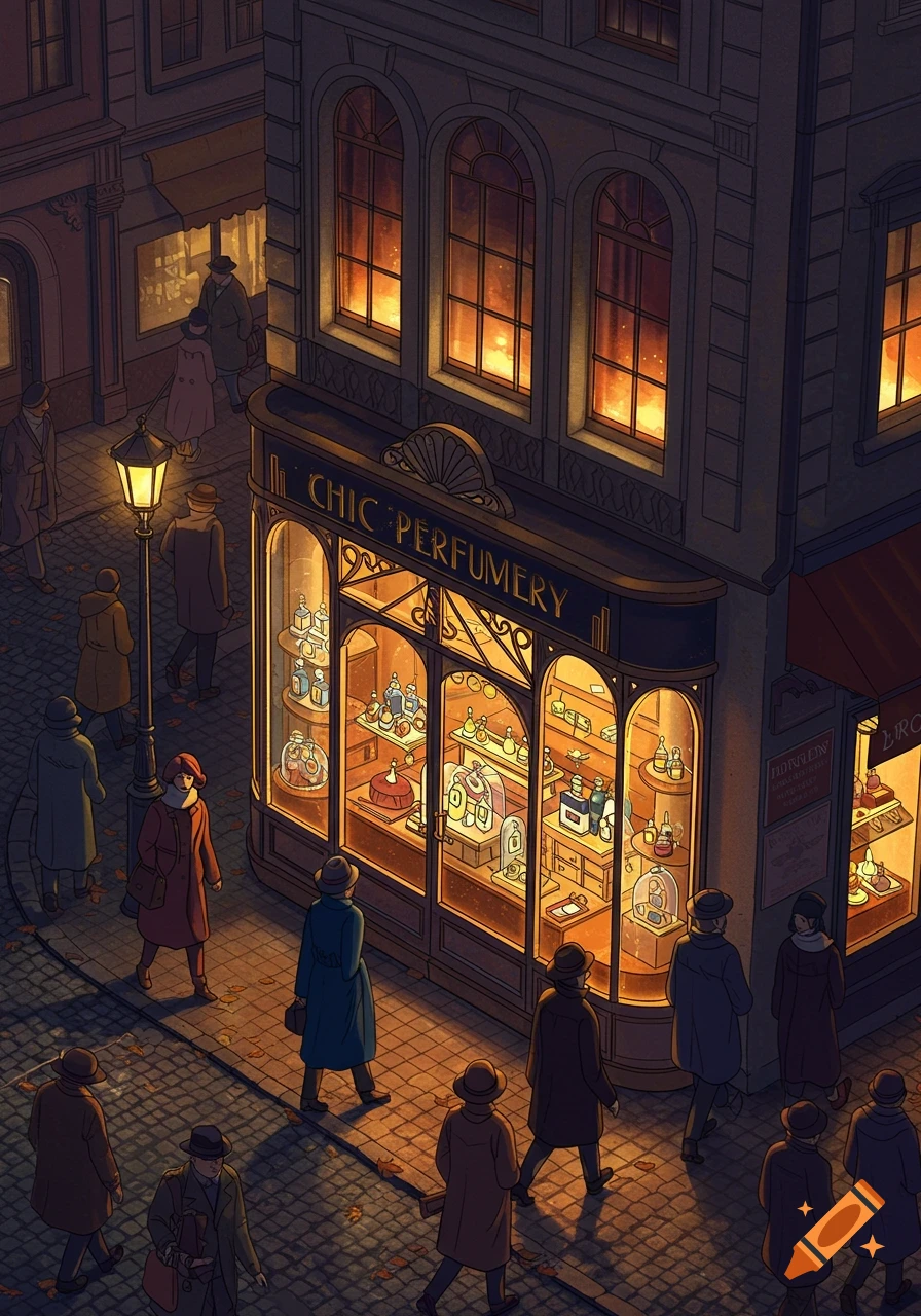 An illustrated vintage cityscape at night, showing people walking past a brightly lit Chic Perfumery shop on a cobblestone street.