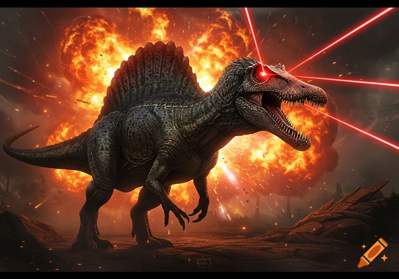 A Spinosaurus with glowing red laser eyes stands in front of a massive orange explosion in a dark, fiery landscape.