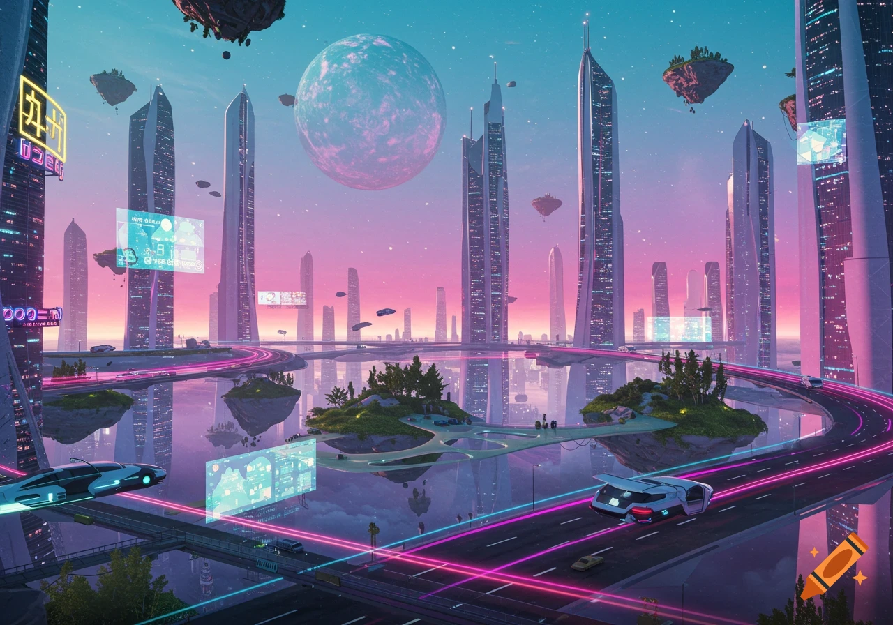 A vibrant, futuristic cityscape at sunset, with towering skyscrapers, glowing roads, flying vehicles, floating islands, and a large pink planet in the sky.