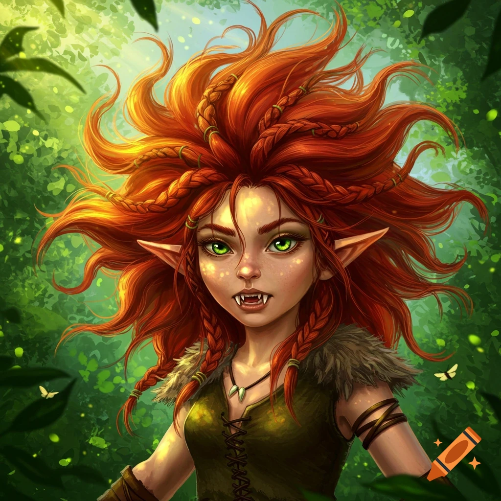 A stylized illustration of a red-haired fae barbarian woman with green eyes, fangs, braids, and pointed ears in a lush green forest.