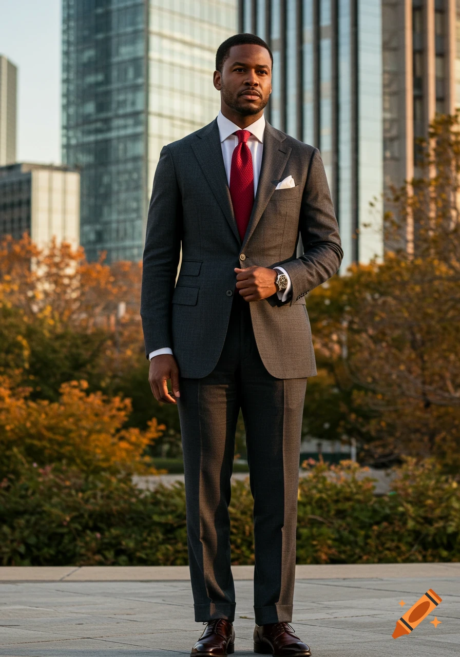 A sharply dressed man in a dark grey suit and red tie stands on a city street with tall buildings and autumn trees.