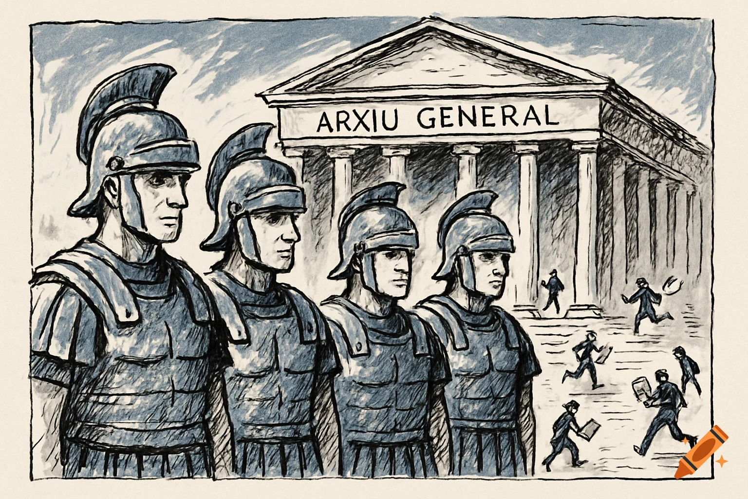 Loose ink sketch of four Roman guards in armor before a classical building with "ARXIU GENERAL" text, as figures carry documents.