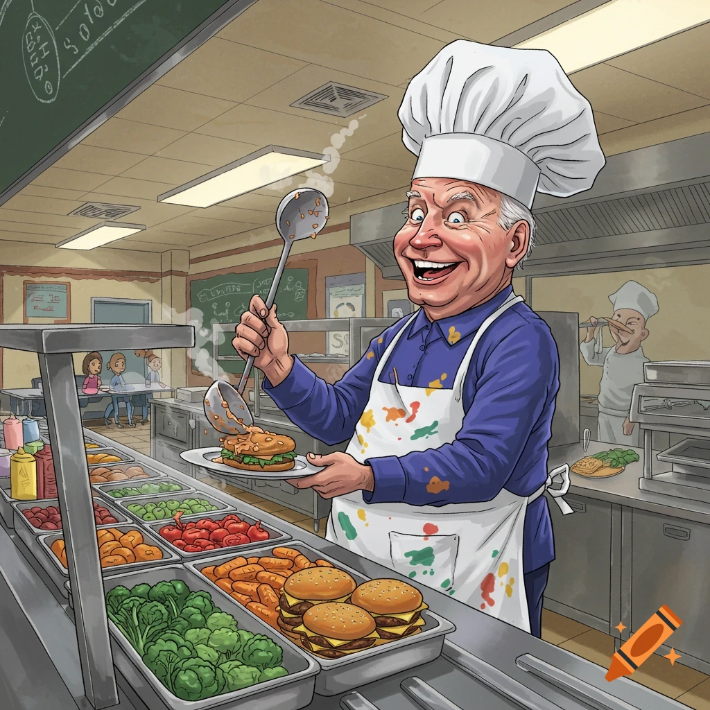 A cartoon of Joe Biden wearing a chef's hat and a paint-splattered apron, serving a burger in a school cafeteria.