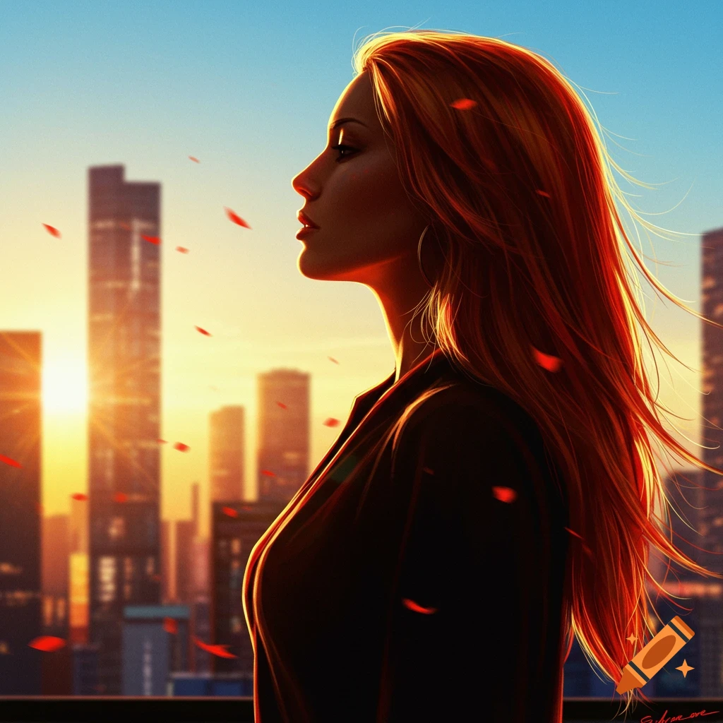 Profile of a woman with long red hair, back-lit by a city sunset, with red petals floating in the air.