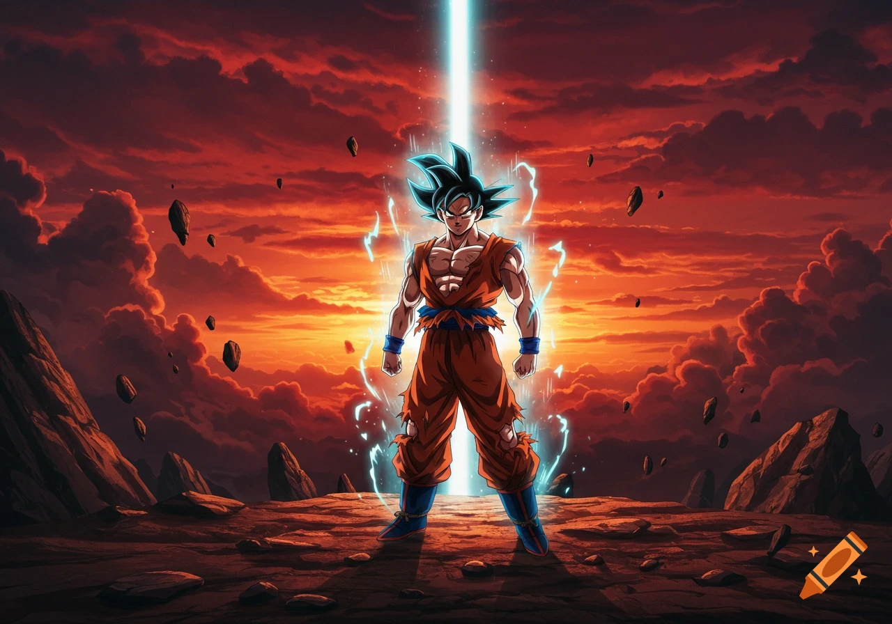 Goku from Dragon Ball powering up with a blue aura and a light beam from the sky, against a red and orange sunset in a rocky landscape with floating debris.