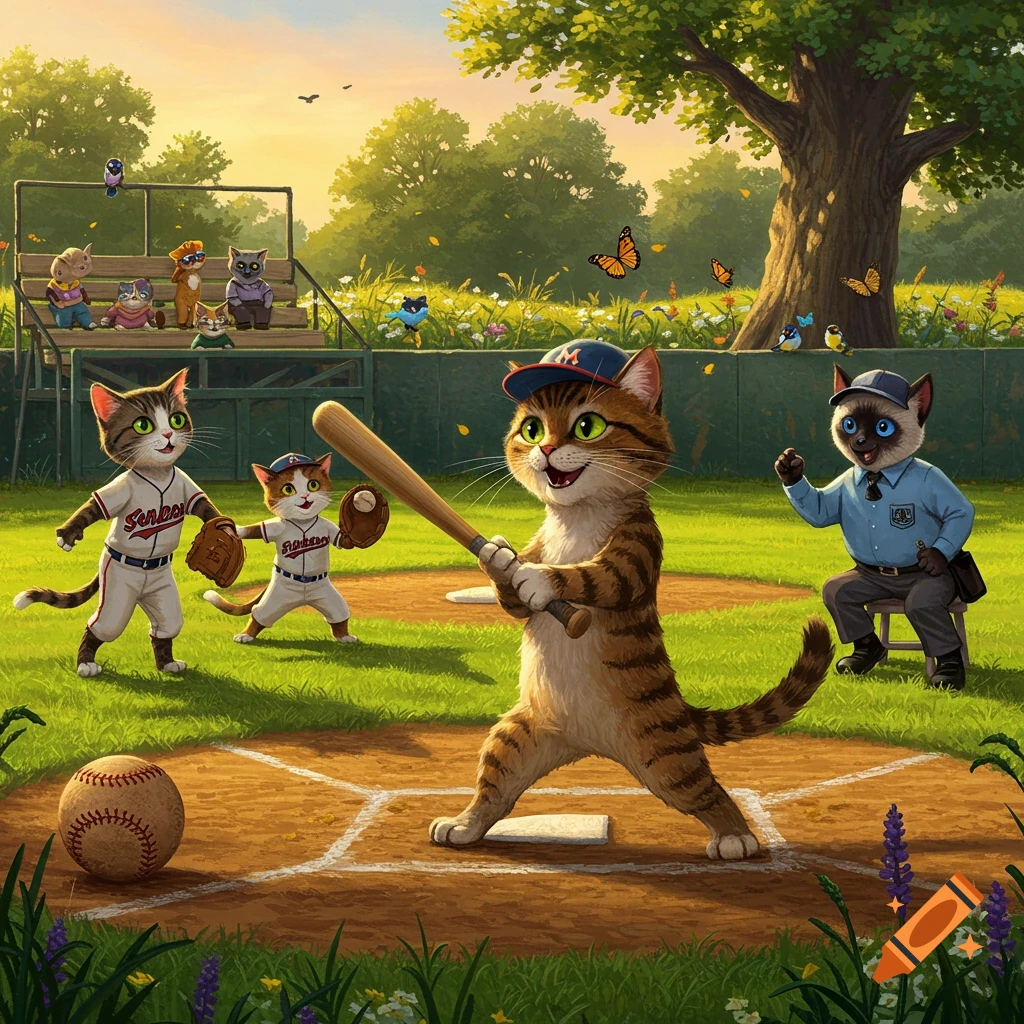 Cartoon cats play baseball in a sunny park, with a batter, catcher, pitcher, and referee on the field.