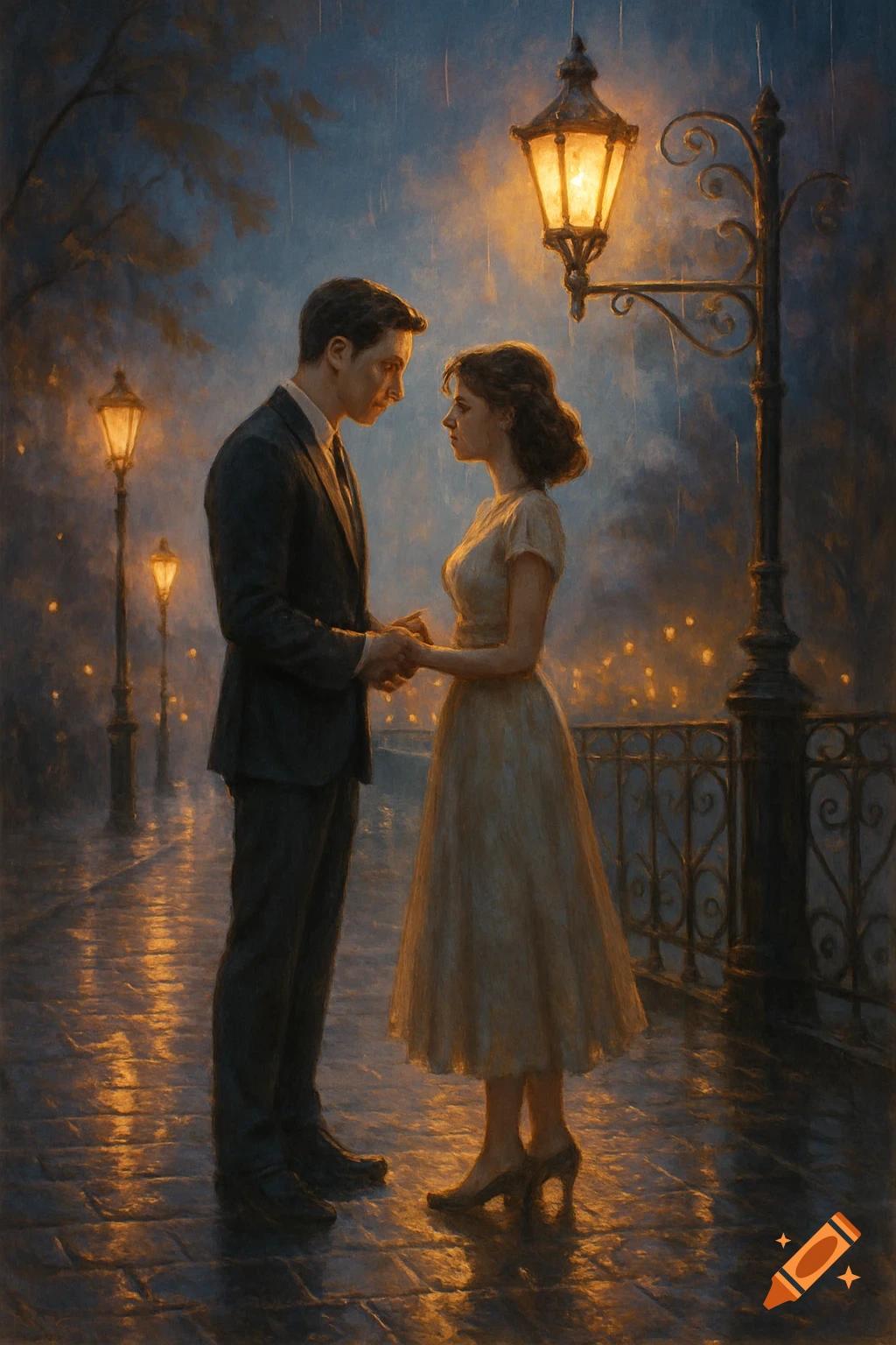A romantic painting of a man and woman holding hands on a rainy, lamplit street at night.
