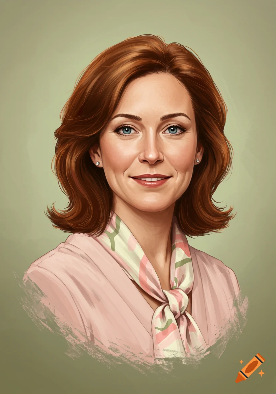 Digital painting portrait of a smiling woman with reddish-brown hair and blue eyes, wearing a pink top and patterned scarf.
