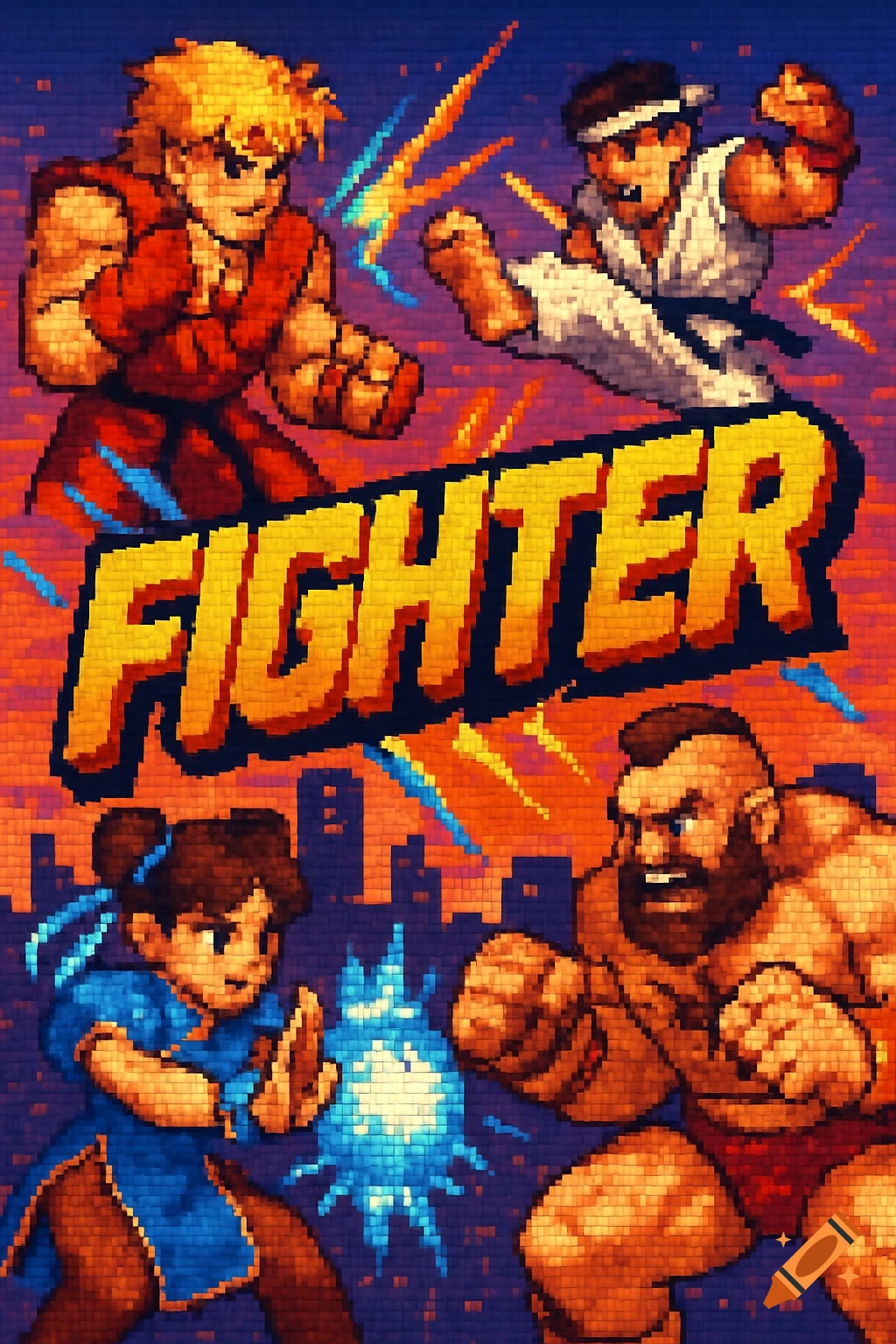 Pixel art fighting game poster featuring four characters (Ken, Ryu, Chun-Li, Zangief) and the title "FIGHTER" over a city background.