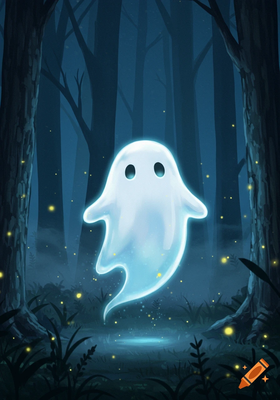 A friendly, glowing white cartoon ghost with black eyes floats in a dark, mystical forest illuminated by blue light and yellow fireflies.