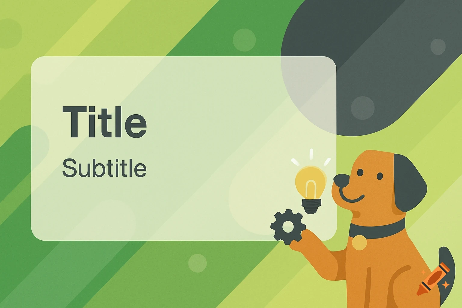 A stylized brown and black dog holds a glowing lightbulb and gear against a green background with a text box for a title and subtitle.