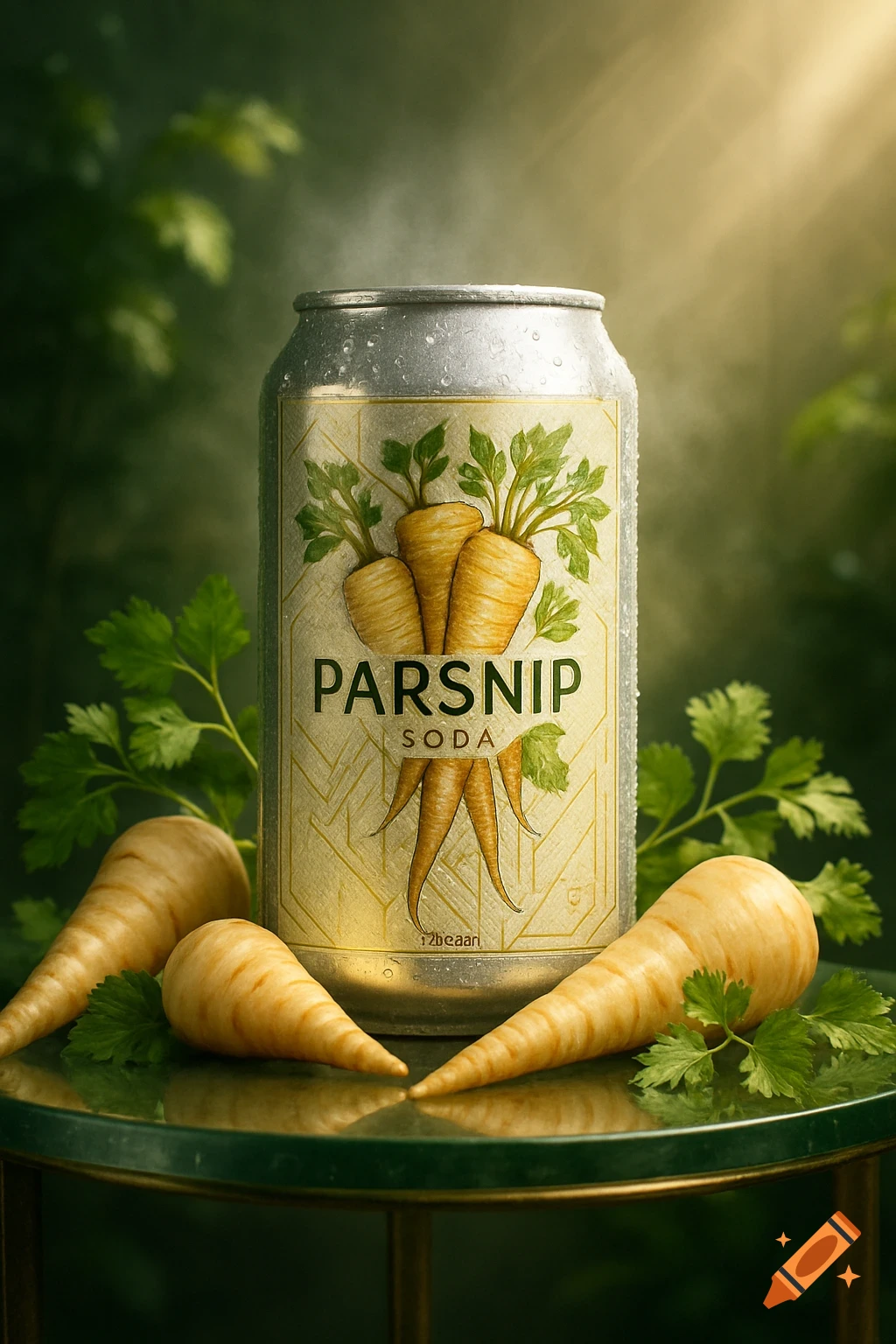 A photorealistic soda can labeled 'PARSNIP SODA' with parsnips and leaves, sitting on a green table with fresh parsnips, against a soft green background.