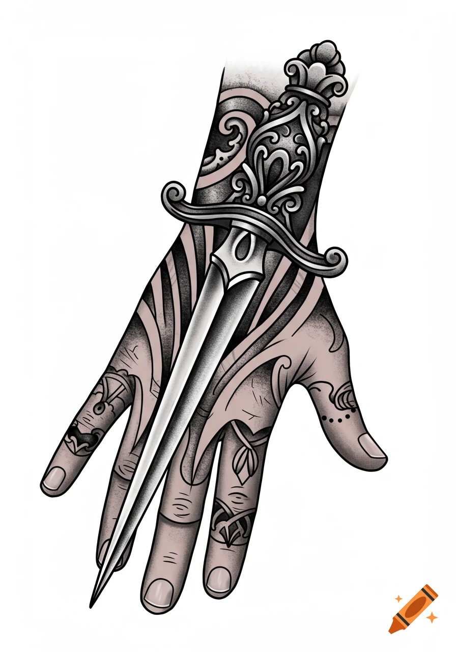 A black and gray tattoo flash design featuring an ornate dagger overlaid on a human hand.