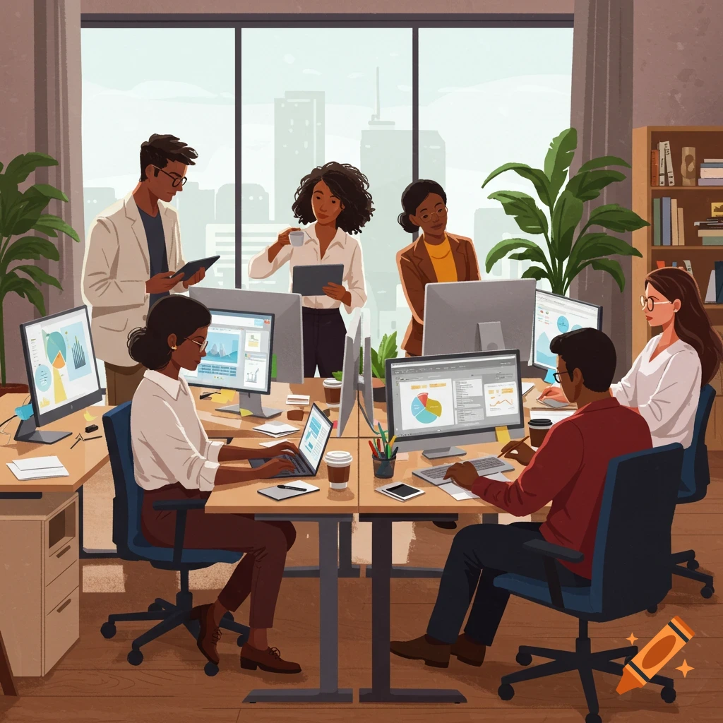 An illustration of several people, mostly Black, working in a modern, brightly lit open-plan office with computers, plants, and large windows.