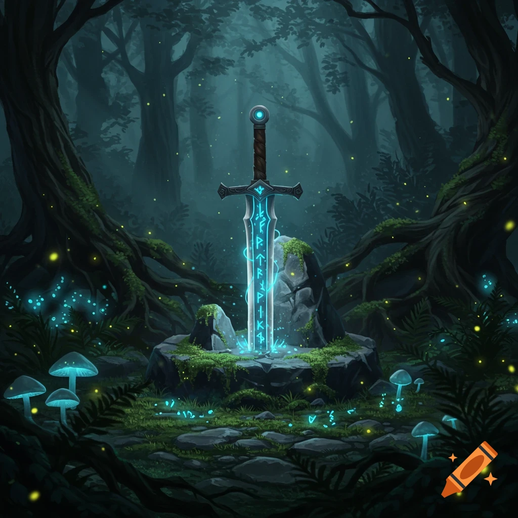 An enchanted sword with glowing blue runes stands upright in a mossy forest clearing, surrounded by luminous mushrooms and fireflies in a digital painting style.
