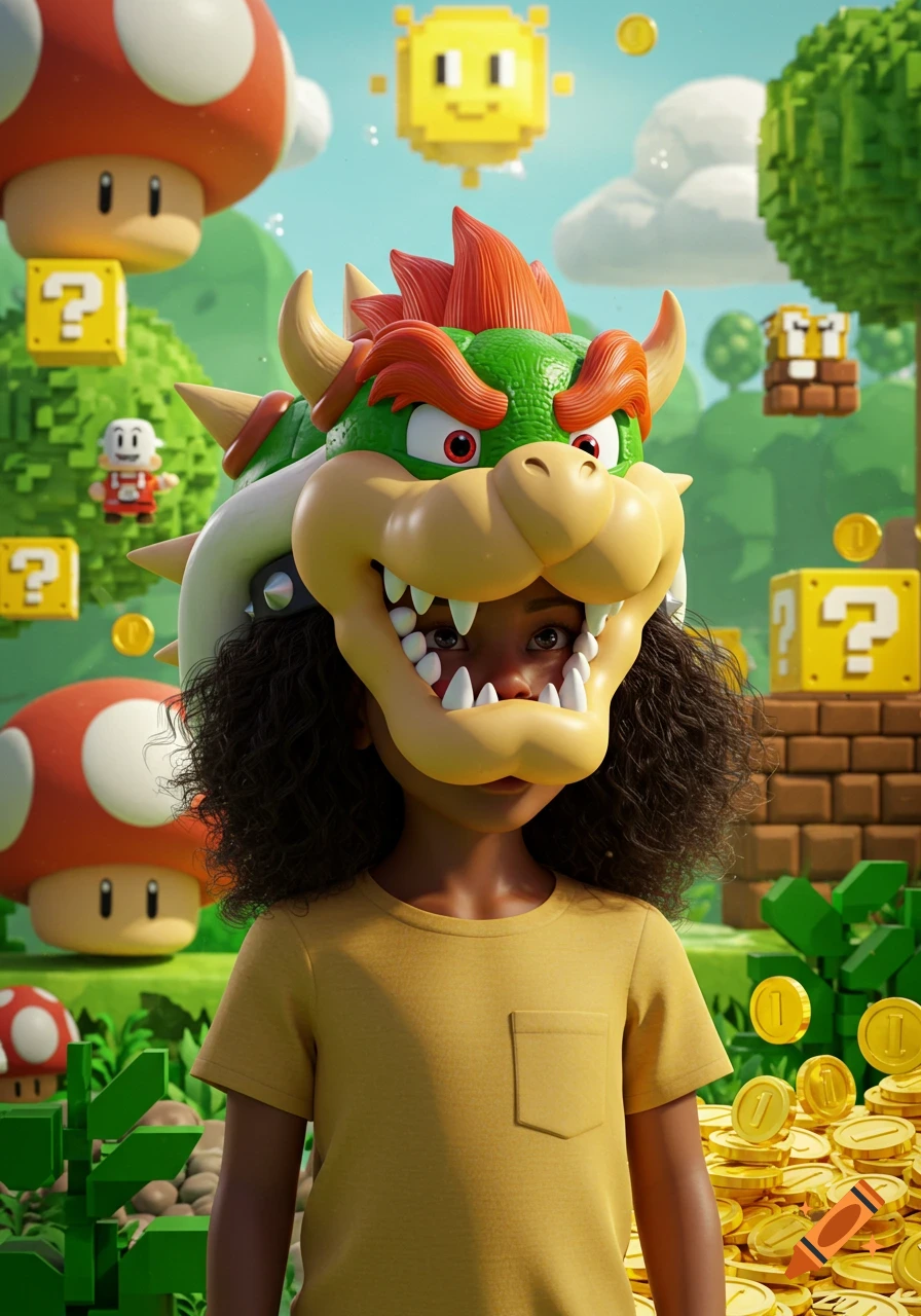 A girl with curly hair wearing a Bowser mask stands in a vibrant Super Mario-themed landscape with mushrooms, question blocks, and golden coins.