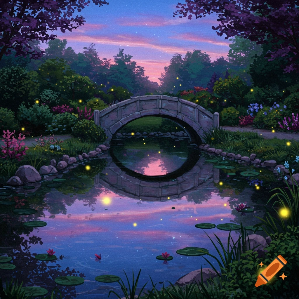 Magical sunset landscape with a stone bridge over a reflective stream, illuminated by fireflies amidst lush purple and green foliage.