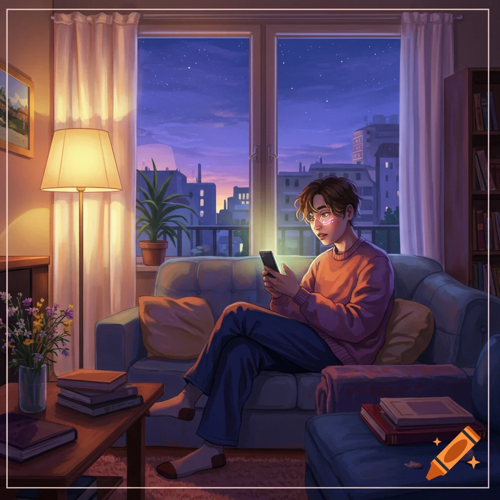 A person sits on a couch, glowing phone in hand, looking at it in a cozy room with a city view at dusk. Illustrated style.