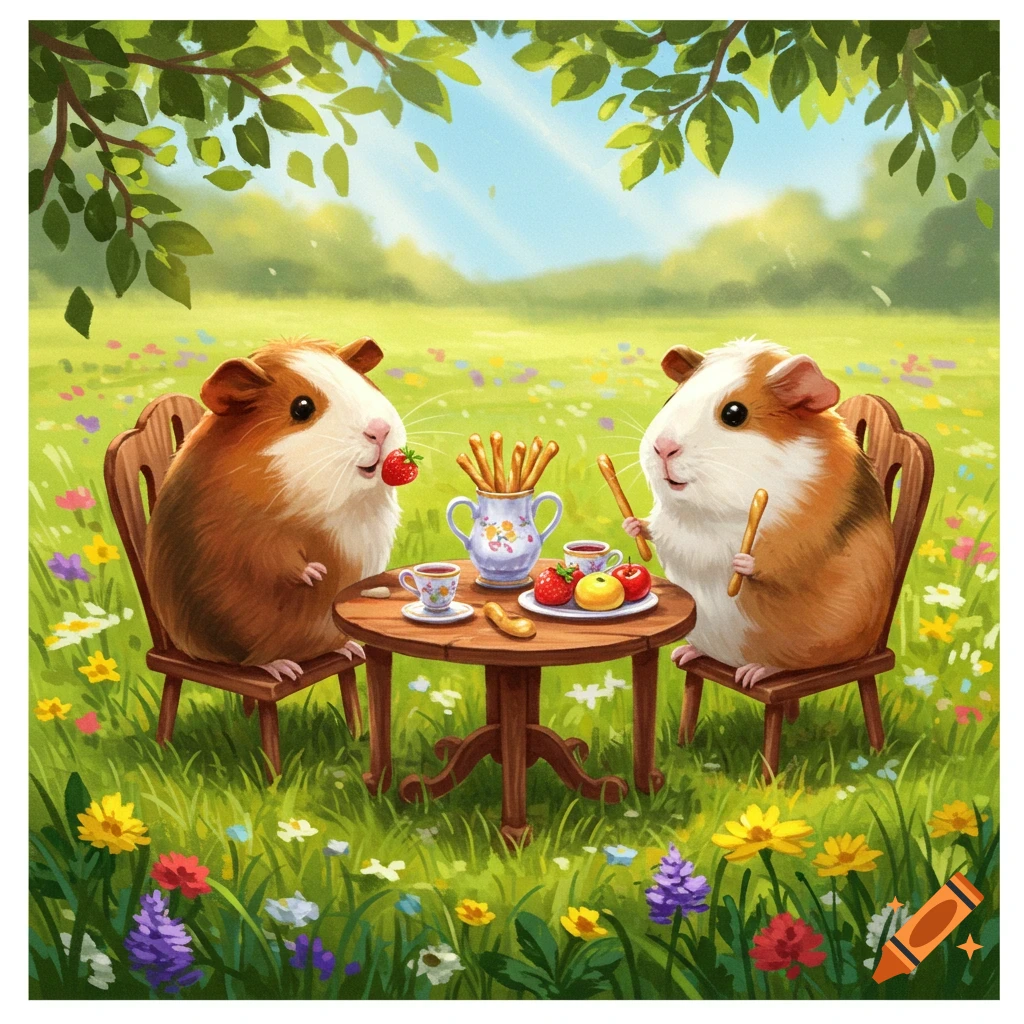 Two cute guinea pigs sit at a small wooden table in a sunny, flowery field, enjoying strawberries, apples, and breadsticks.
