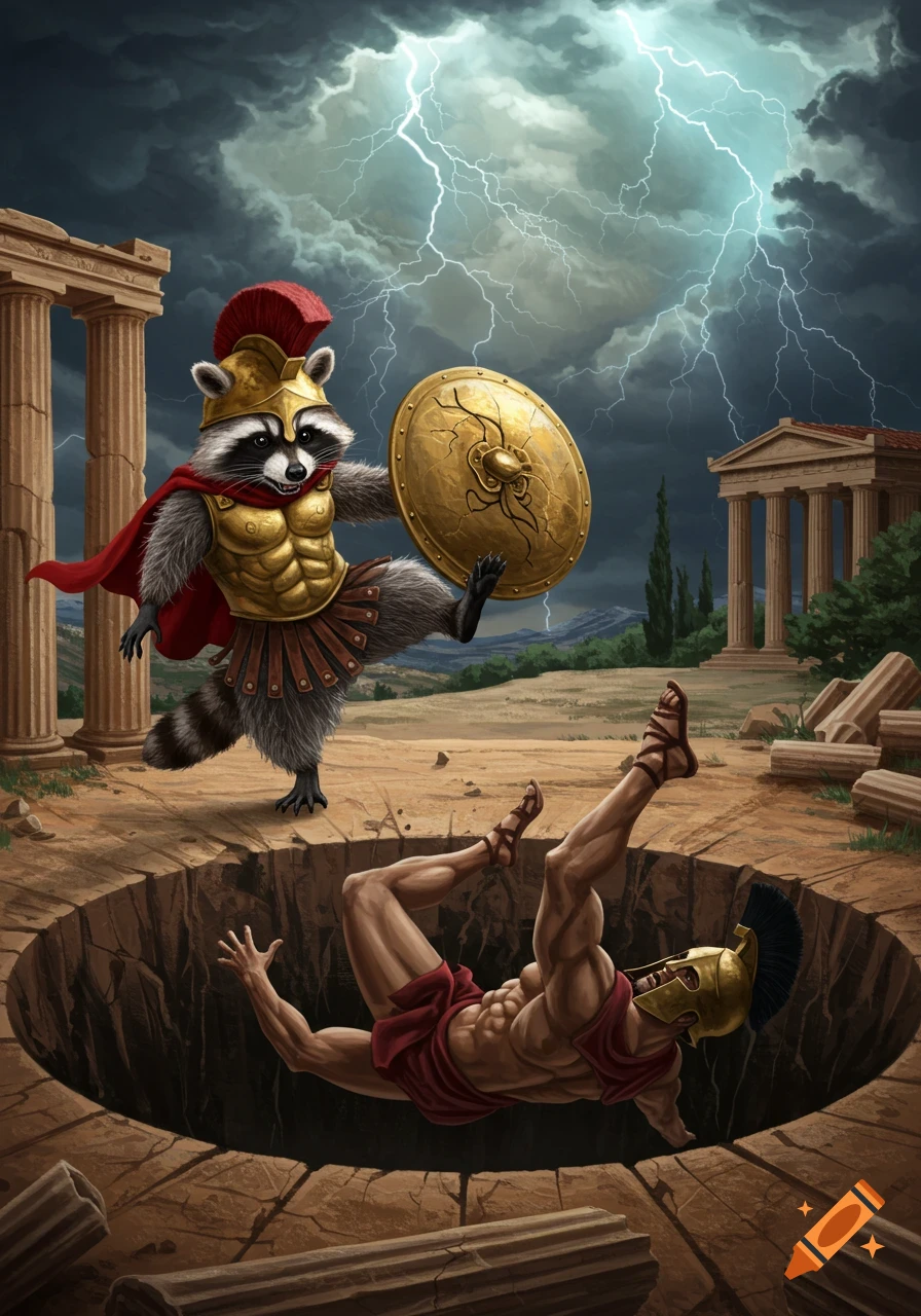 A cartoon raccoon in hoplite armor kicks a Spartan warrior into a deep pit under a stormy, lightning-filled sky near ancient Greek ruins.