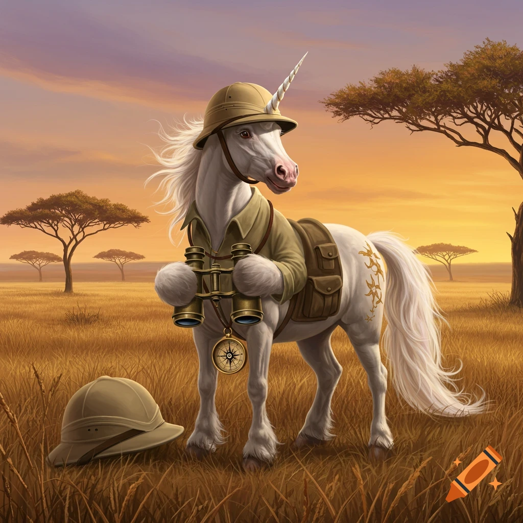 A white unicorn wearing a safari helmet and jacket, holding binoculars, with a compass, stands in a golden savannah at sunset with acacia trees.