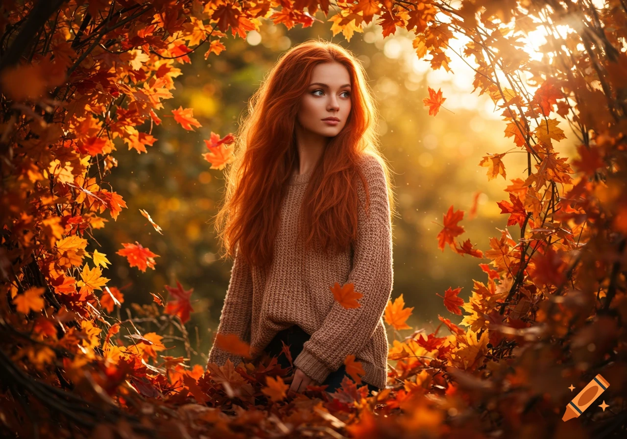 A photorealistic image of a red-haired woman in a warm sweater, framed by vibrant orange autumn leaves and golden sunlight.