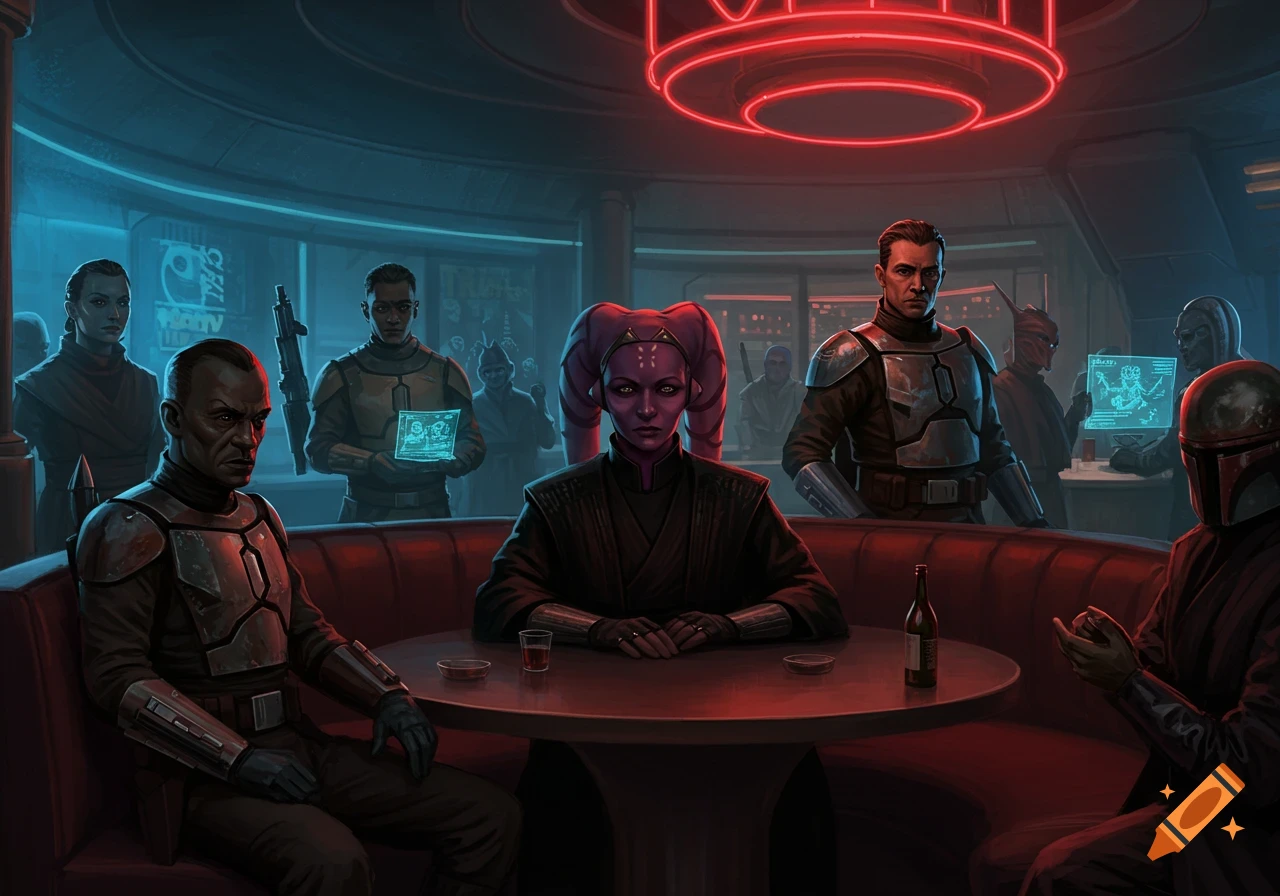 A Twi'lek and armored figures sit and stand in a dimly lit, neon-red and blue sci-fi bar, in a digital painting.