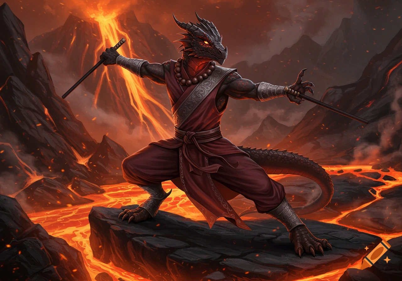 An athletic anthropomorphic volcanic dragon monk in a red robe holds Escrima sticks in a dynamic stance amidst a lava-filled landscape.