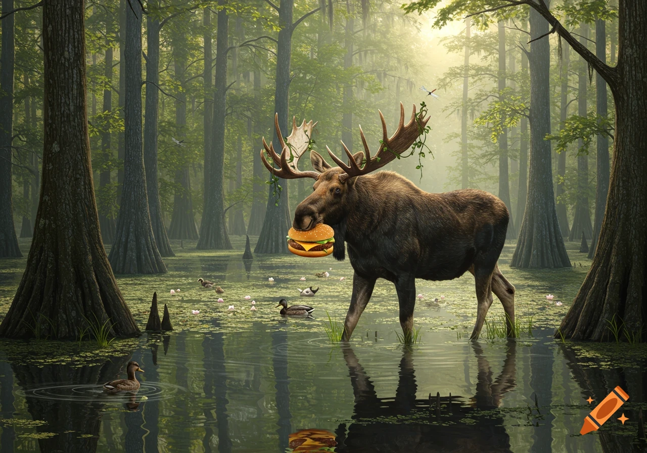 A large moose with vines on its antlers walks through a swampy cypress forest, eating a hamburger.