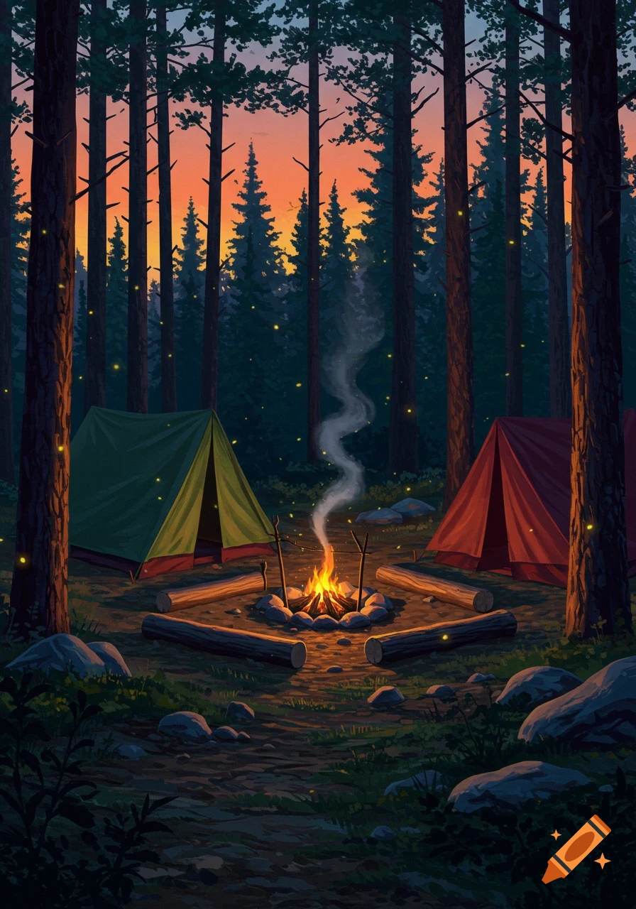 Illustration of a forest campsite at dusk, featuring two tents, a lit campfire, logs, and glowing fireflies under an orange and blue sky.