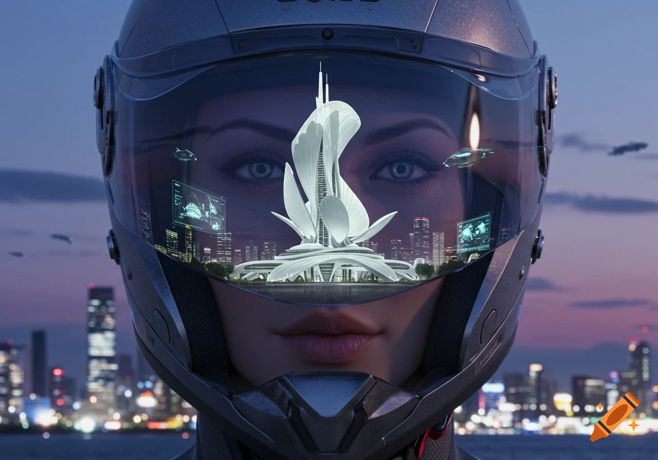 Close-up of a woman in a futuristic motorcycle helmet, reflecting a white poppy-shaped building in a vibrant sci-fi cityscape at dusk.