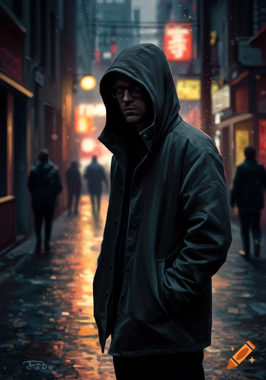 A man in a dark hooded raincoat and glasses stands on a wet street at night, illuminated by neon signs, with blurred figures in the background.