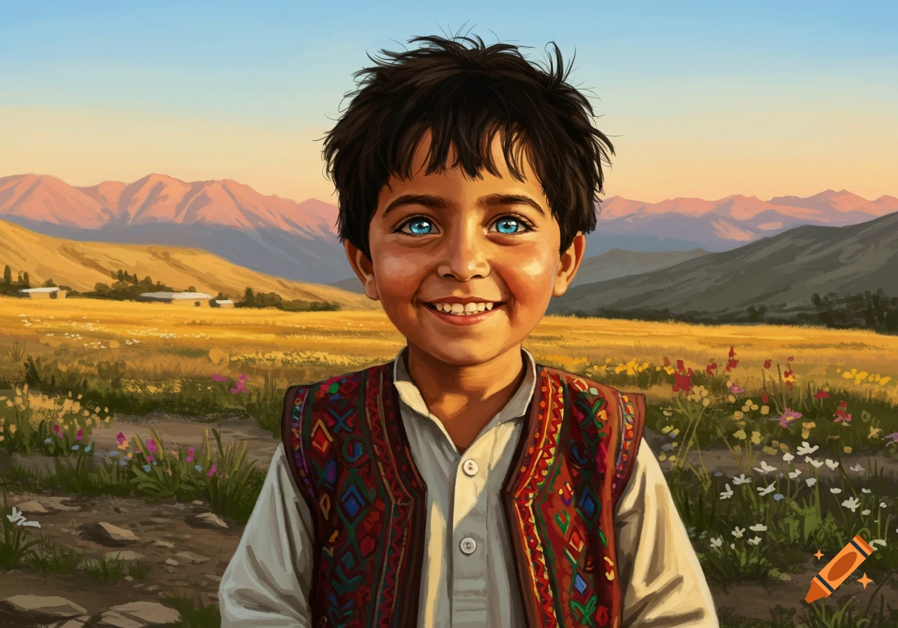 A smiling child with bright blue eyes and dark hair, wearing a patterned vest, stands in a sunlit grassy field with distant mountains, in a painted style.