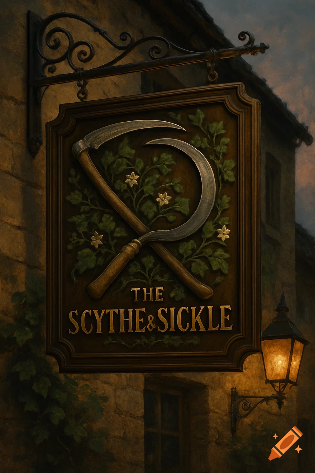 A traditional English pub sign for 'The Scythe & Sickle' featuring crossed tools, foliage, and a glowing lantern at dusk.