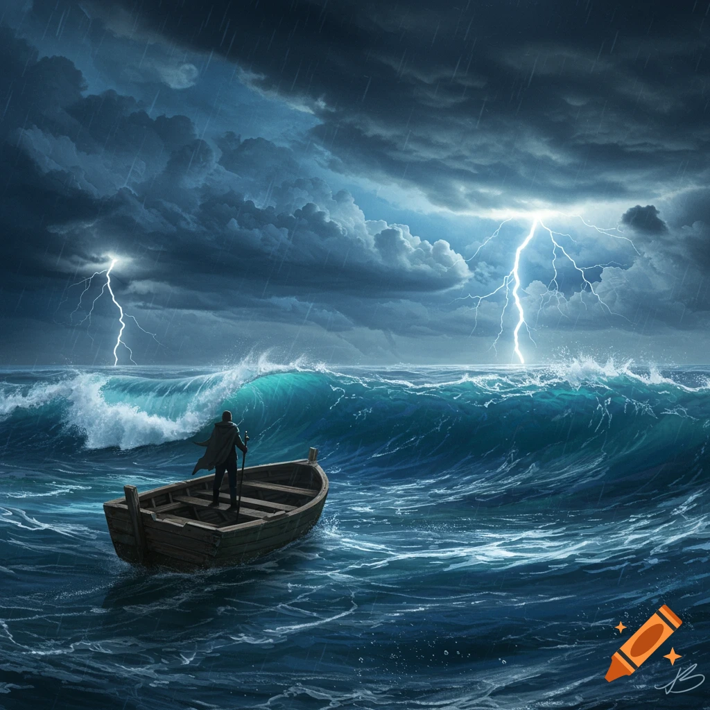 A lone figure stands in a small wooden boat on a dark, stormy ocean with massive waves, heavy rain, and lightning striking in the distance. Digital painting.